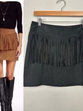 Walter Baker Genuine Suede Fringe Skirt Size 8 Boho Western Festival Black